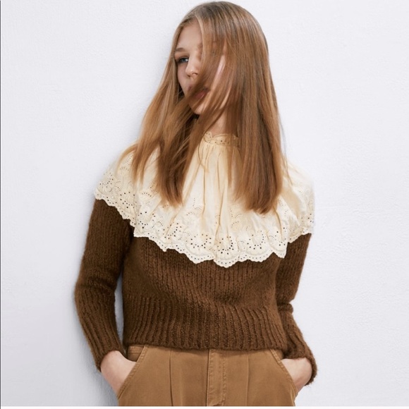 NWT Zara Contrasting Embroidered Sweater Brown S M - Picture 5 of 9